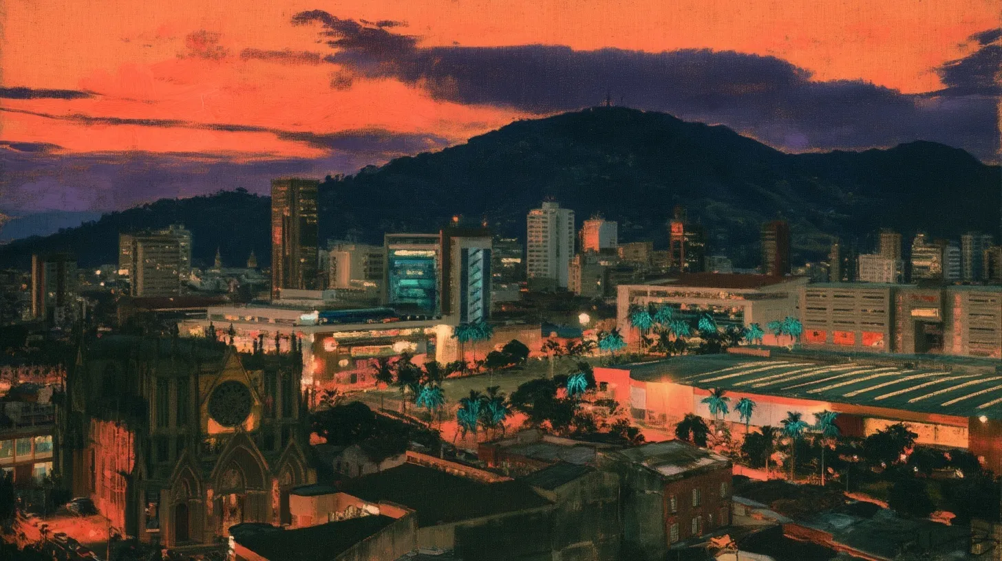 Pintura de la ciudad al atardecer con las montañas al fondo